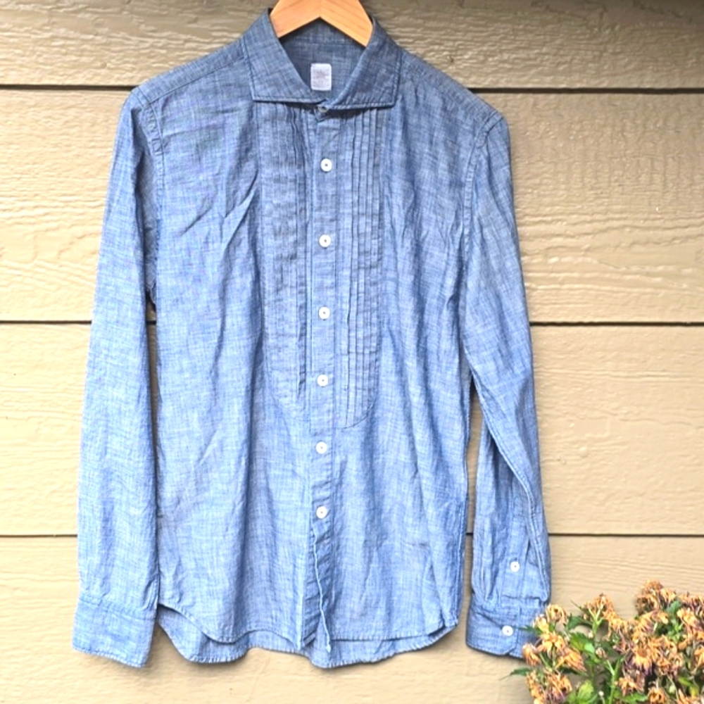 Eleventy Soft Denim Pleated Pintucj Mens Button Front Chambray tuxedo shirt M